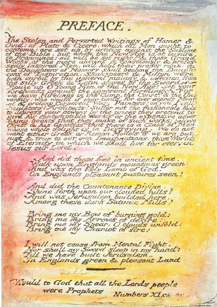 The preface to Milton, as it appeared in Blake's own illuminated version (1808) (click to enlarge)